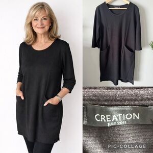 Creation black ribbed knit tunic dress crew neck 3/4 sleeves patch pockets Lg